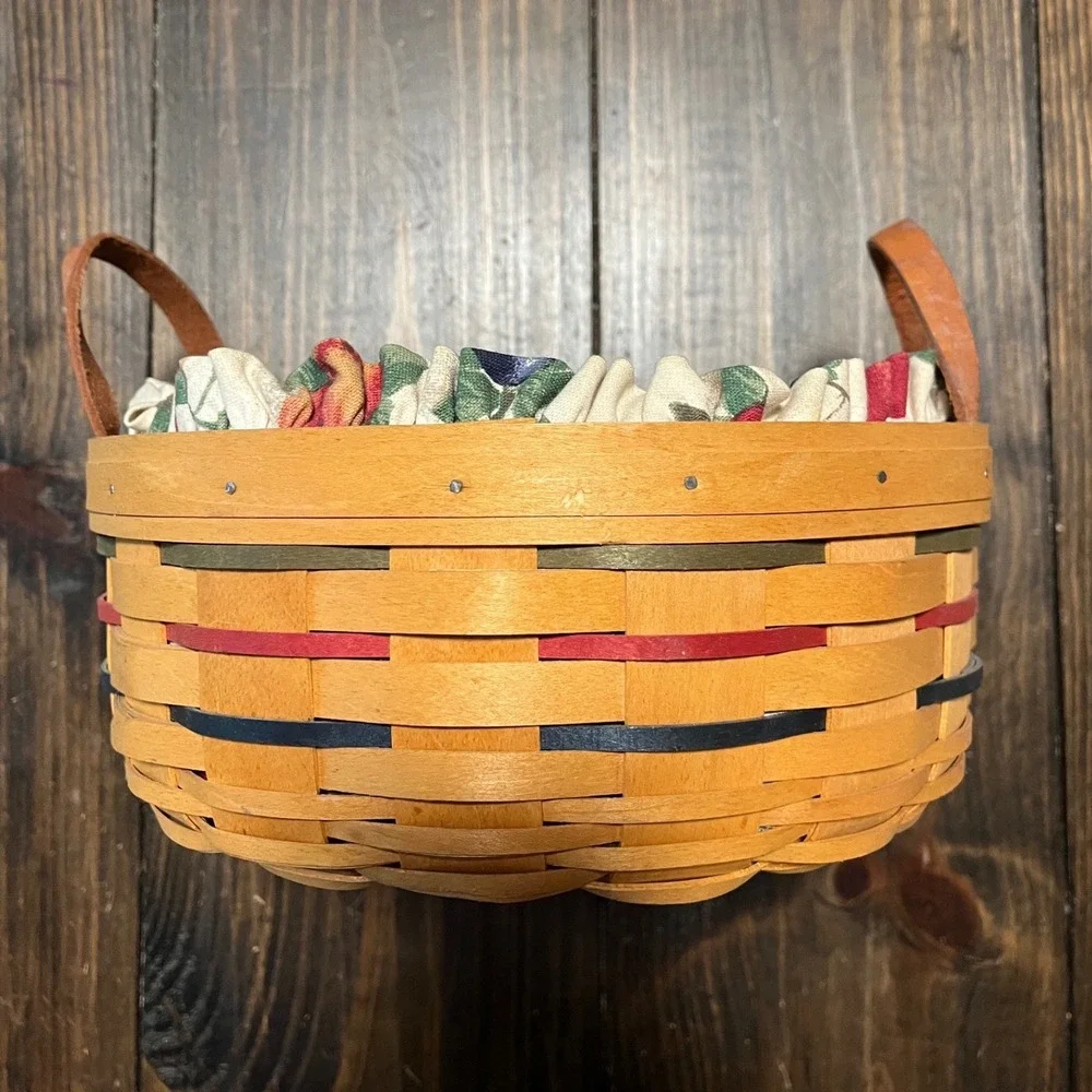 Longaberger Woven Round Basket with Leather Handles and Fruit Pattern Liner